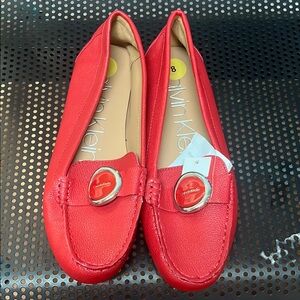 Calvin Klein Red Leather Loafers with Metallic Embellishment